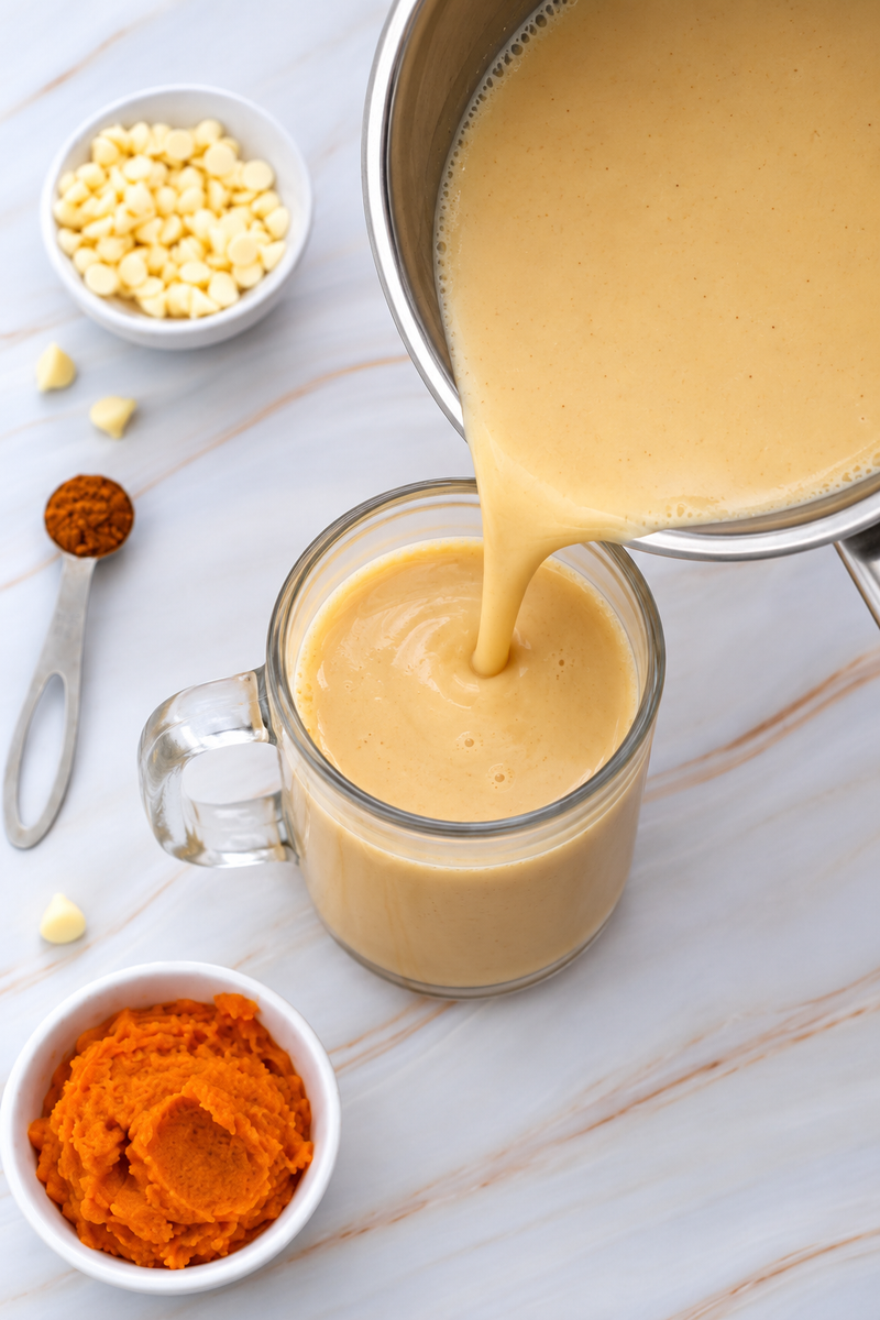 Pumpkin Pie Spice White Hot Chocolate Recipe 24 A saucepan pours creamy pumpkin-coloured liquid into a glass mug for a white hot chocolate recipe, surrounded by bowls of white chocolate chips, pumpkin purée, and a measuring spoon of cinnamon.