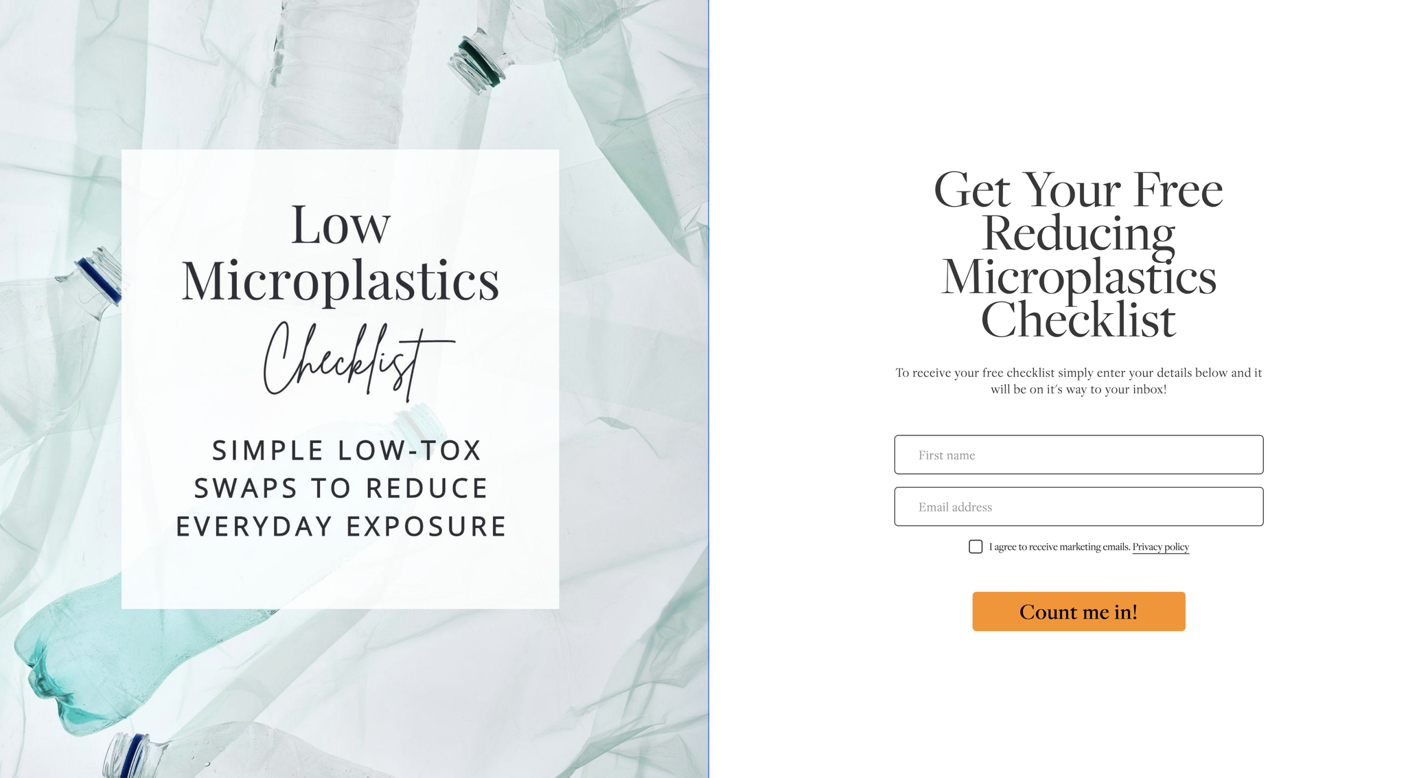 How To Reduce Microplastics - A Free Downloadable Checklist 6 Lead capture form for a free Reducing Microplastics Checklist, with name and email fields for those interested in sustainable living.