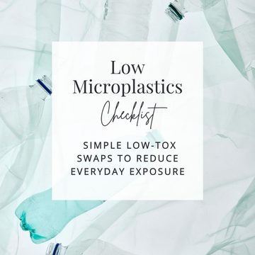 How To Reduce Microplastics - A Free Downloadable Checklist 26 Text on a background of empty plastic bottles reads:
